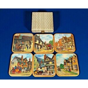 Vintage Win-El-Ware Square Coasters Set of 6 with Case England Street Scenes